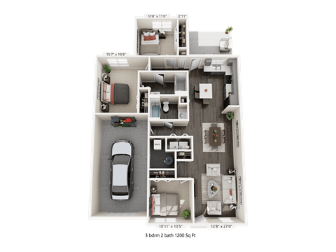Floor plan for 3 beds, 2 baths, 1210 sqft